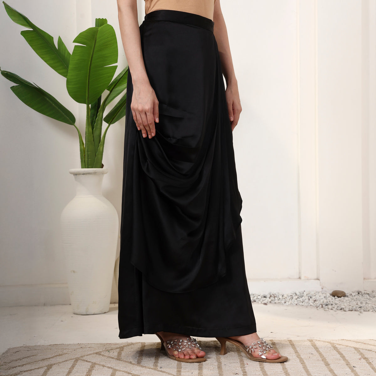Black Skirt for Women – Polyester Satin – Side View | First Resort by Ramola Bachchan