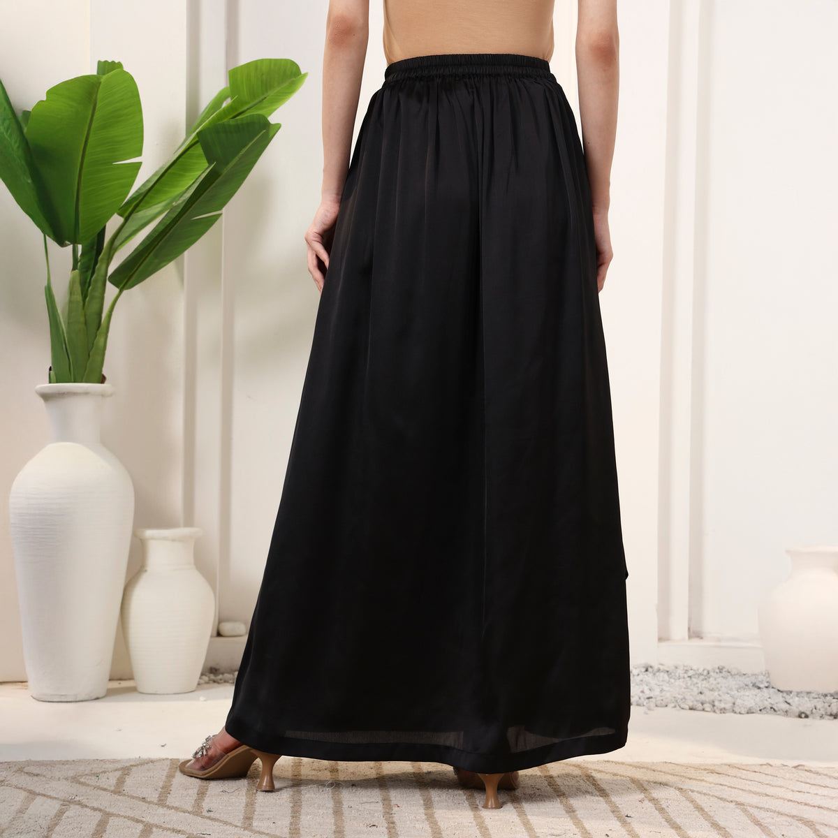 Black Skirt for Women – Polyester Satin – Detail View | First Resort by Ramola Bachchan