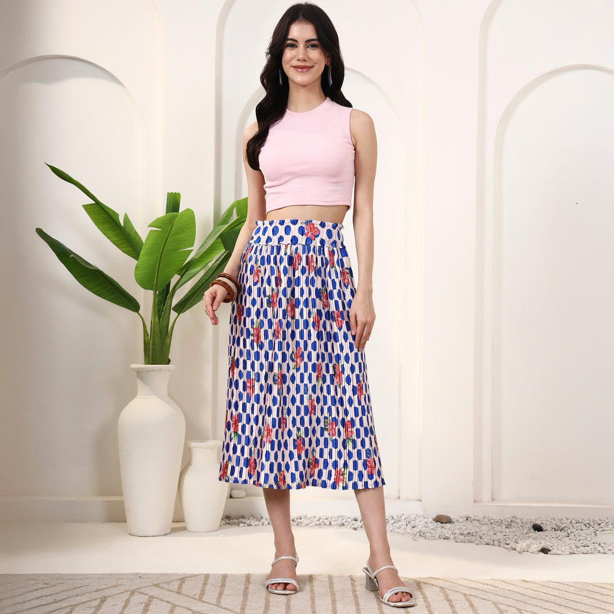 Blue and Red Floral Print Skirt for Women – Polyester Satin | First Resort by Ramola Bachchan
