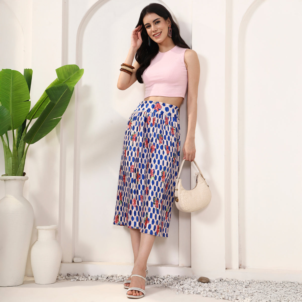 Blue and Red Floral Print Skirt for Women – Polyester Satin – Front View | First Resort by Ramola Bachchan