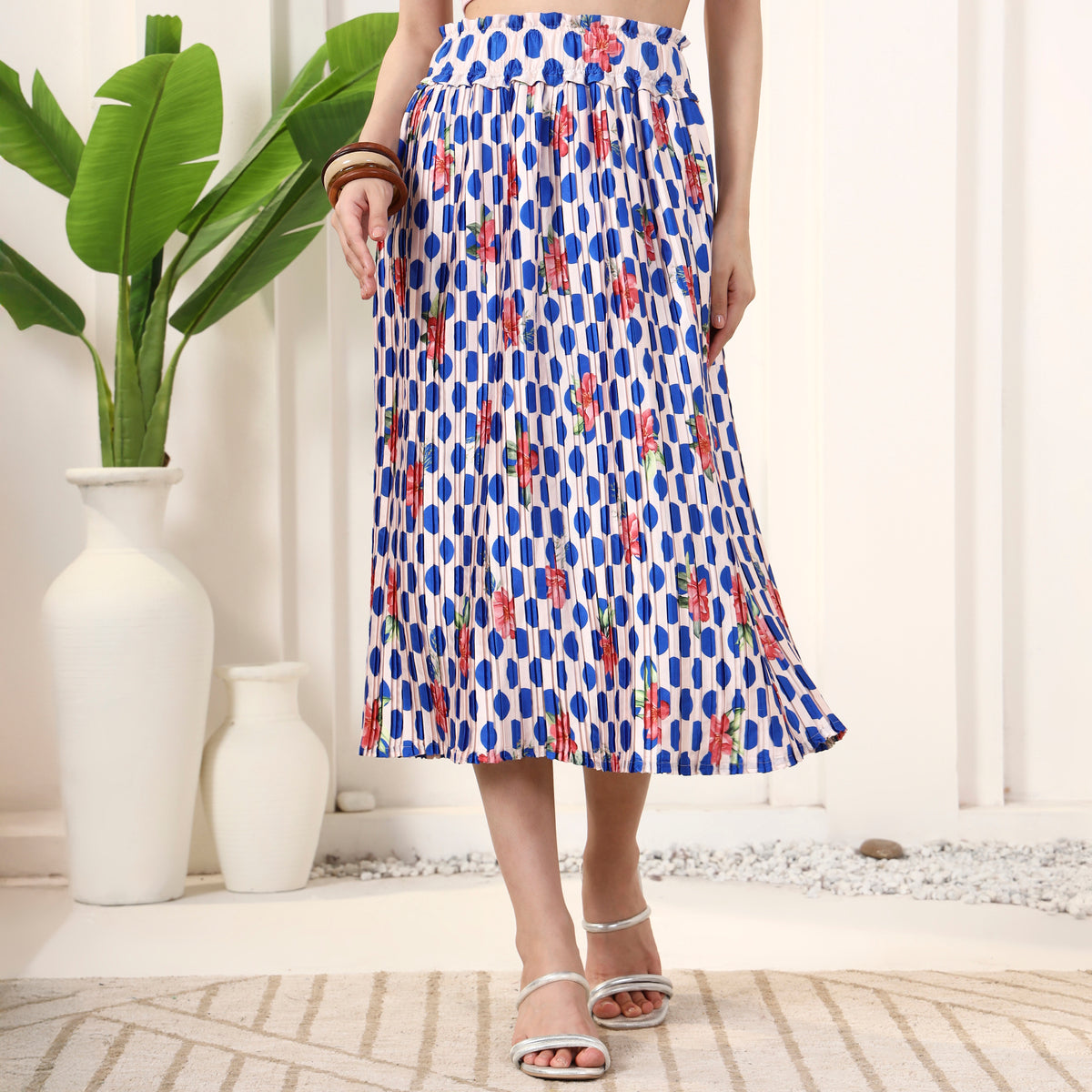 Blue and Red Floral Print Skirt for Women – Polyester Satin – Model View | First Resort by Ramola Bachchan