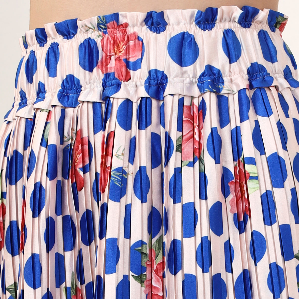 Blue and Red Floral Print Skirt for Women – Polyester Satin – Close Up | First Resort by Ramola Bachchan