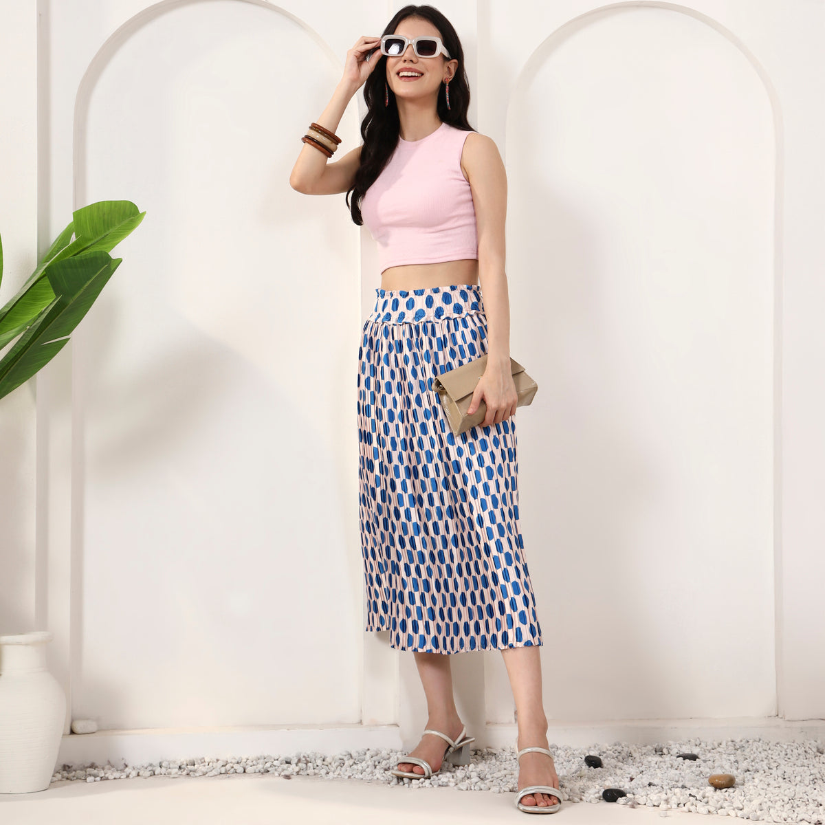Blue Geometric Print Skirt for Women – Polyester Satin – Front View | First Resort by Ramola Bachchan