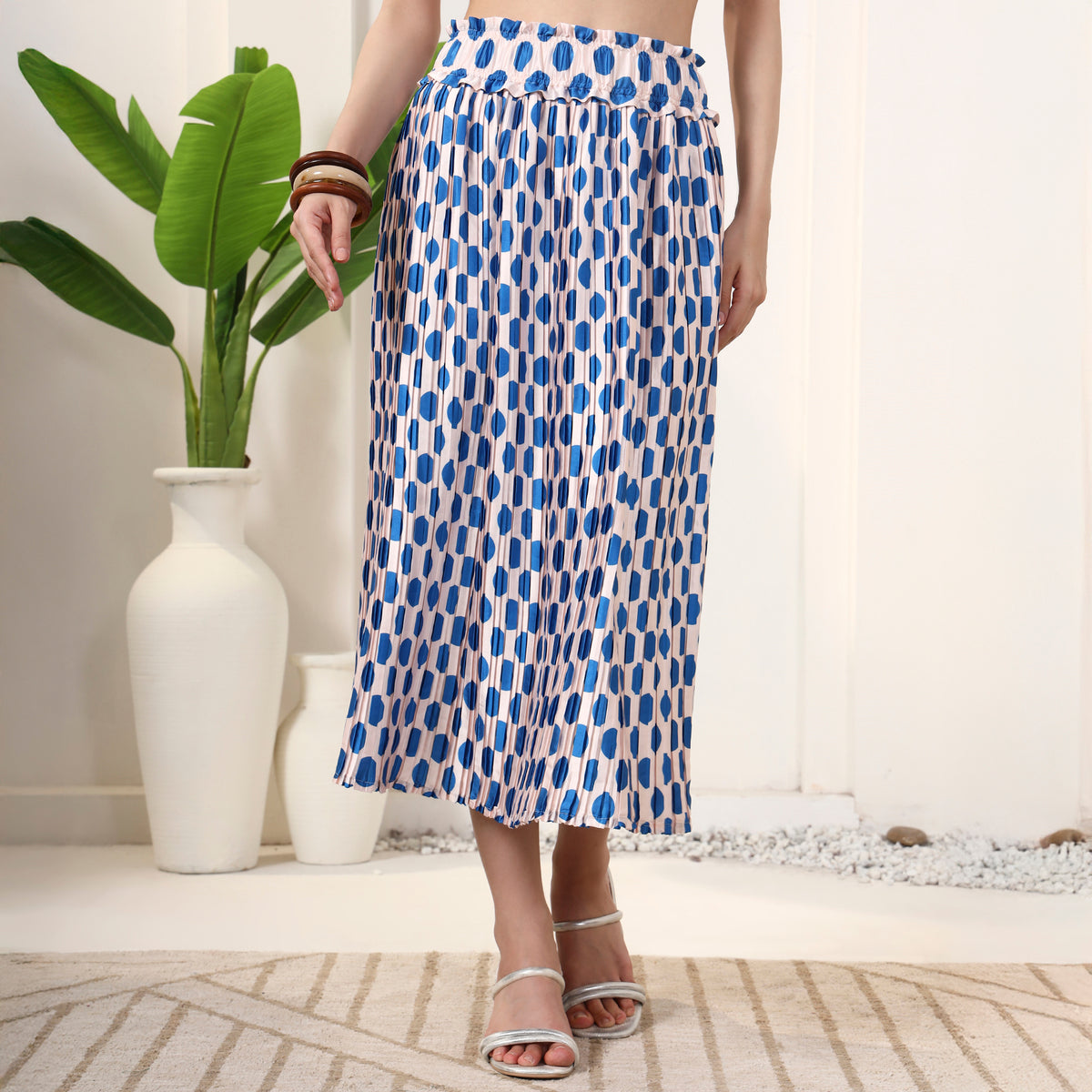Blue Geometric Print Skirt for Women – Polyester Satin – Model View | First Resort by Ramola Bachchan