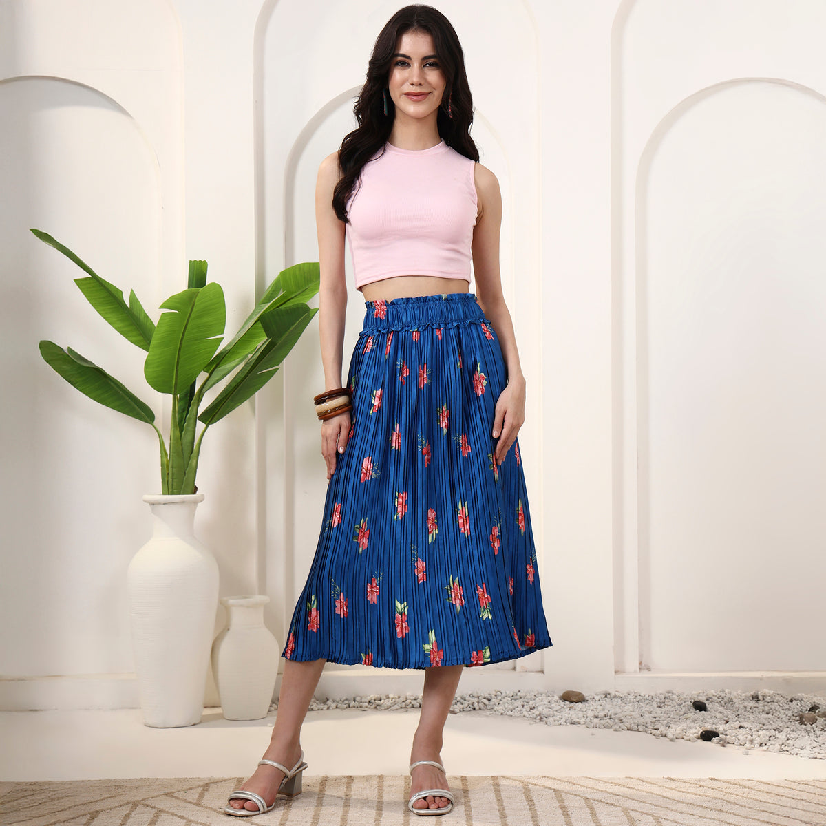 Dark Blue and Red Floral Print Skirt for Women – Polyester Satin | First Resort by Ramola Bachchan