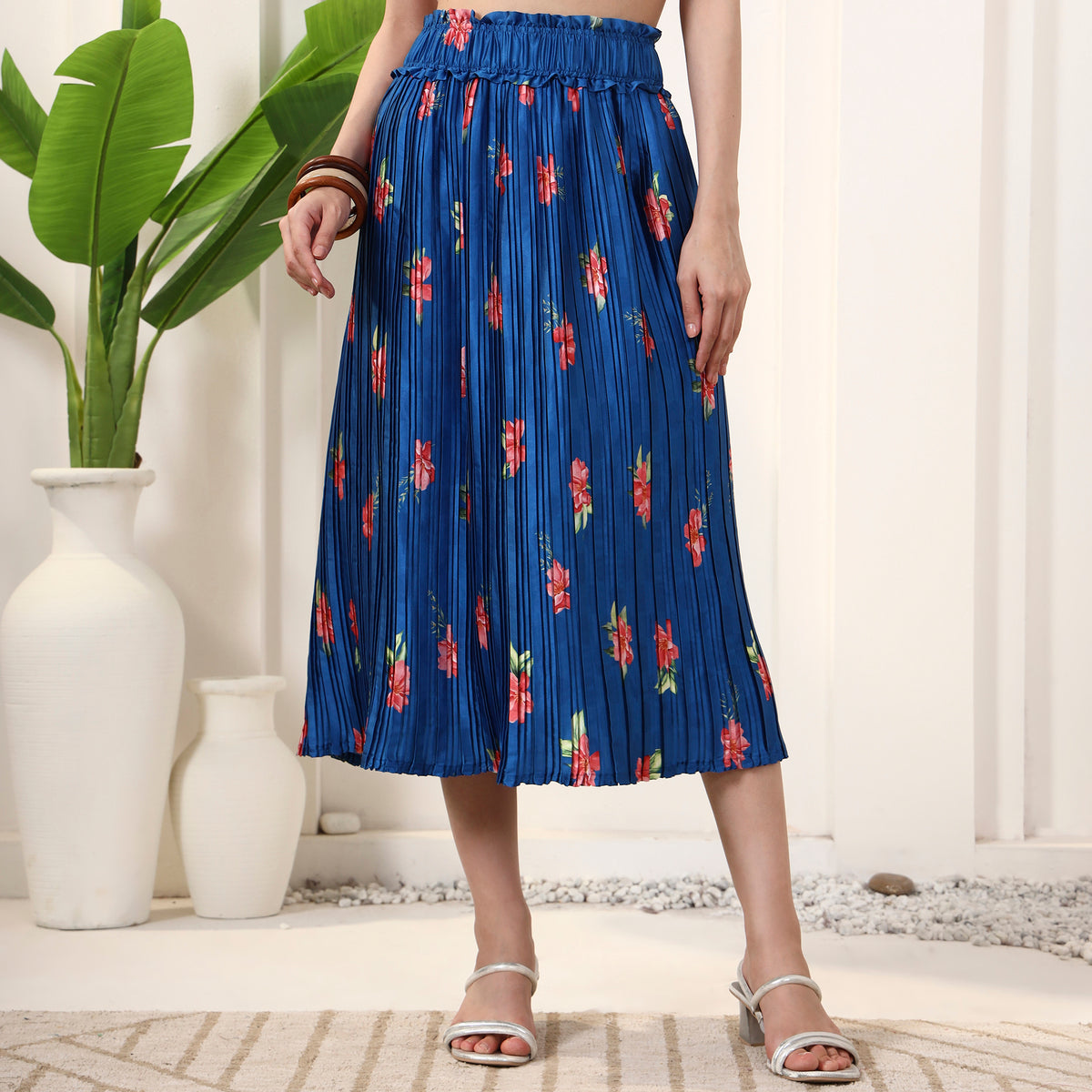 Dark Blue and Red Floral Print Skirt for Women – Polyester Satin – Model View | First Resort by Ramola Bachchan