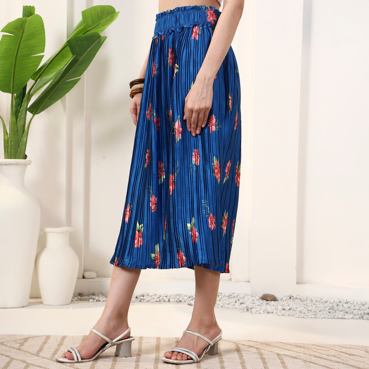 Dark Blue and Red Floral Print Skirt for Women – Polyester Satin – Side View | First Resort by Ramola Bachchan