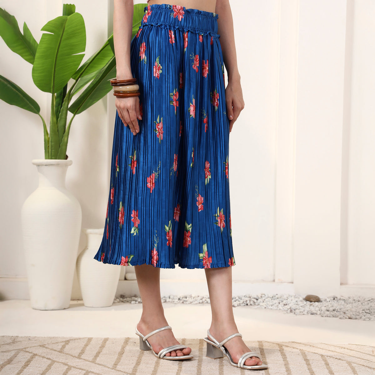 Dark Blue and Red Floral Print Skirt for Women – Polyester Satin – Detail View | First Resort by Ramola Bachchan
