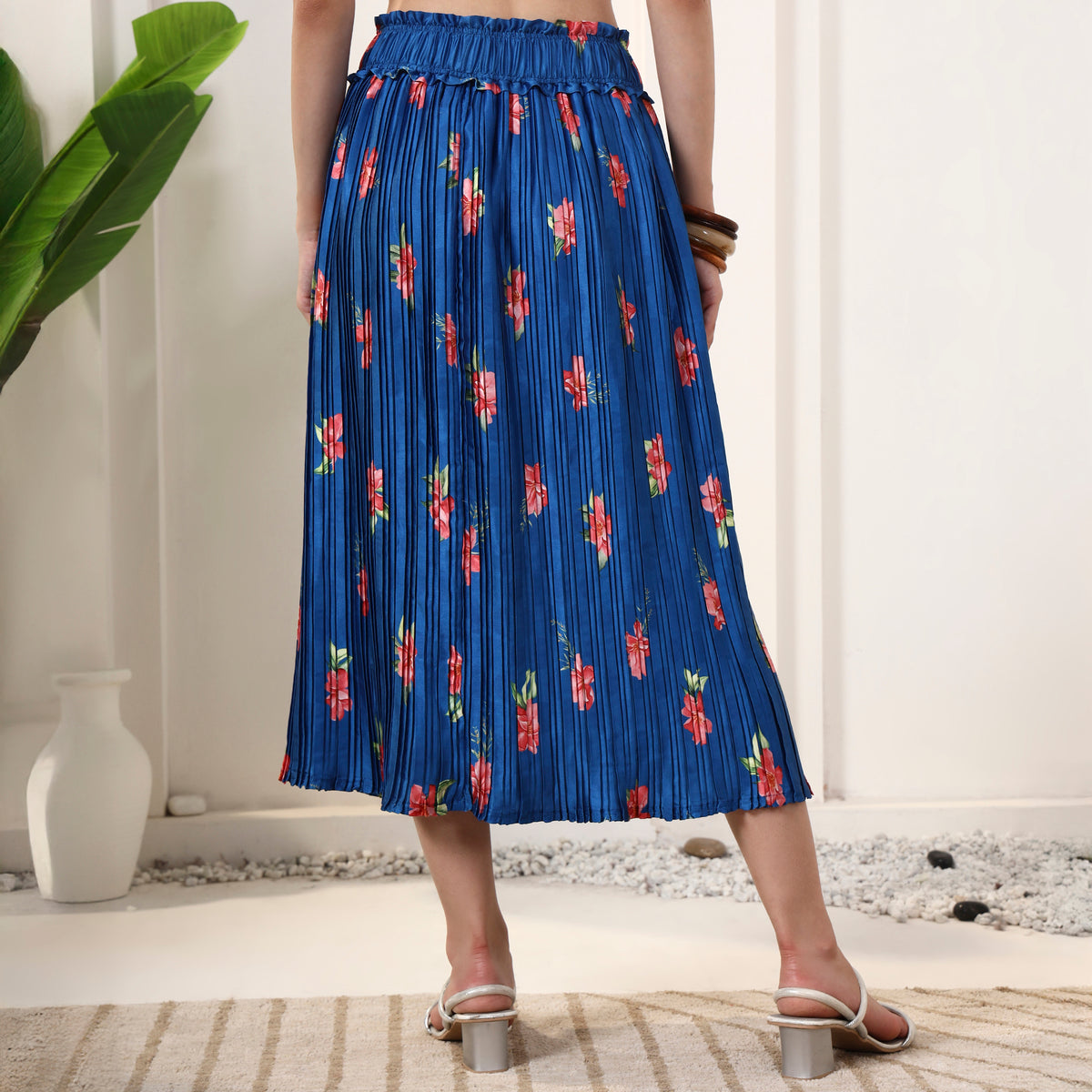 Dark Blue and Red Floral Print Skirt for Women – Polyester Satin – Back View | First Resort by Ramola Bachchan