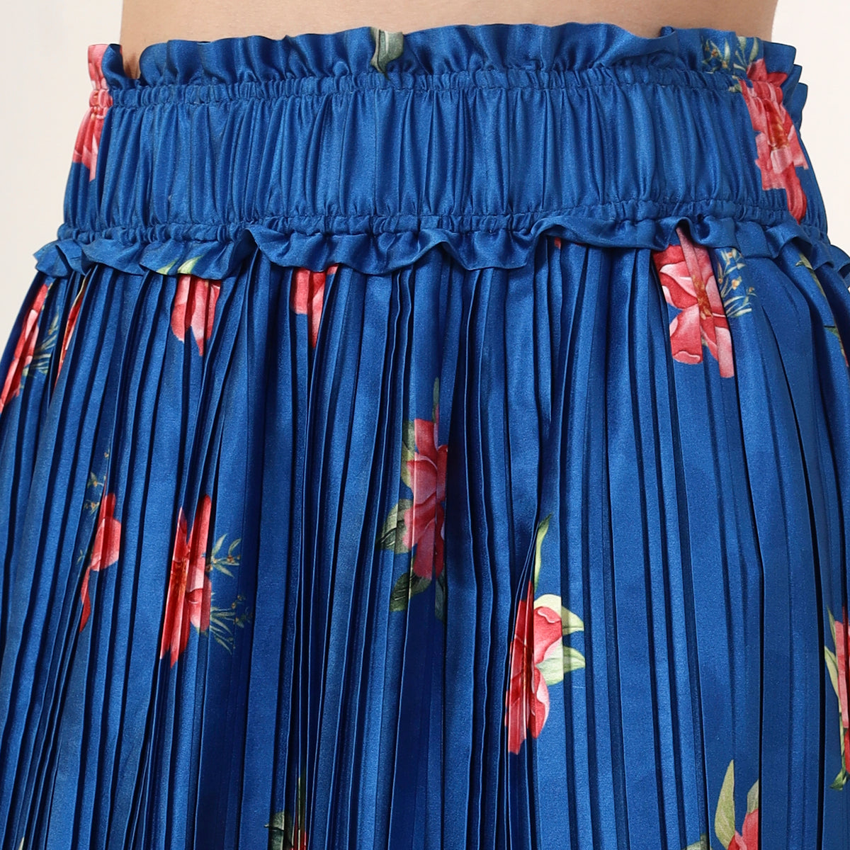 Dark Blue and Red Floral Print Skirt for Women – Polyester Satin – Close Up | First Resort by Ramola Bachchan