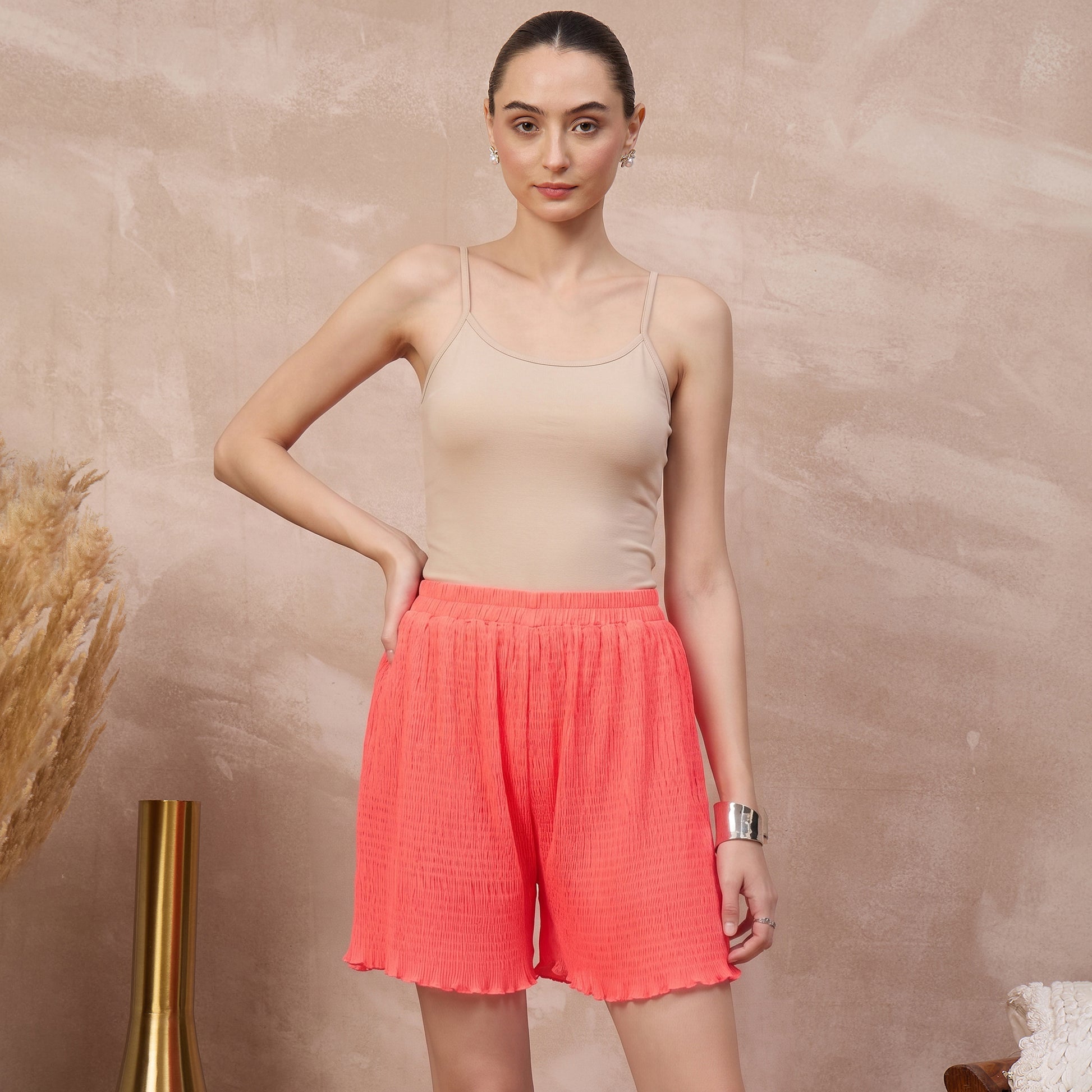 Neon Pink Shorts for Women – Polyester Chiffon | First Resort by Ramola Bachchan