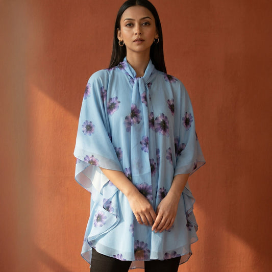 Blue Floral Print Top for Women – Polyester Chiffon | First Resort by Ramola Bachchan