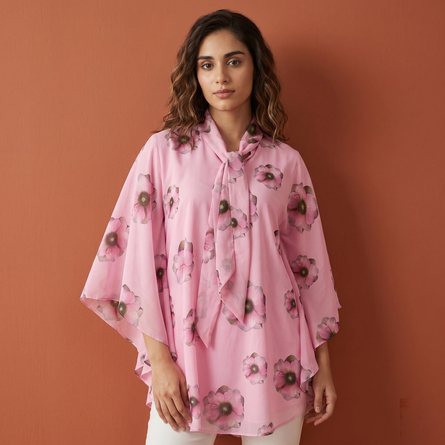 Pink Floral Print Top for Women – Polyester Chiffon | First Resort by Ramola Bachchan