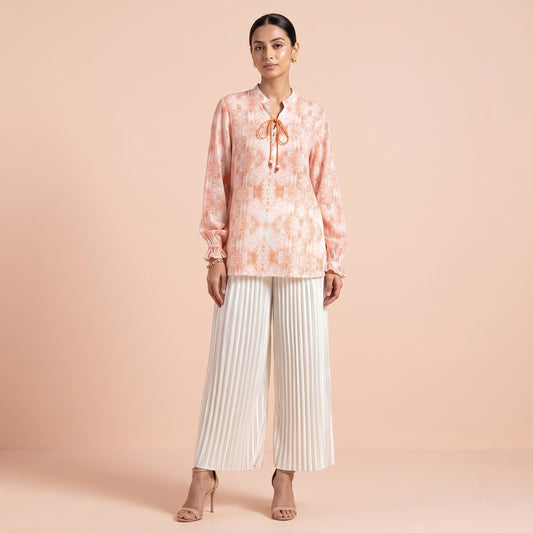 Light Peach Animal Print Top for Women – Viscose Crepe | First Resort by Ramola Bachchan