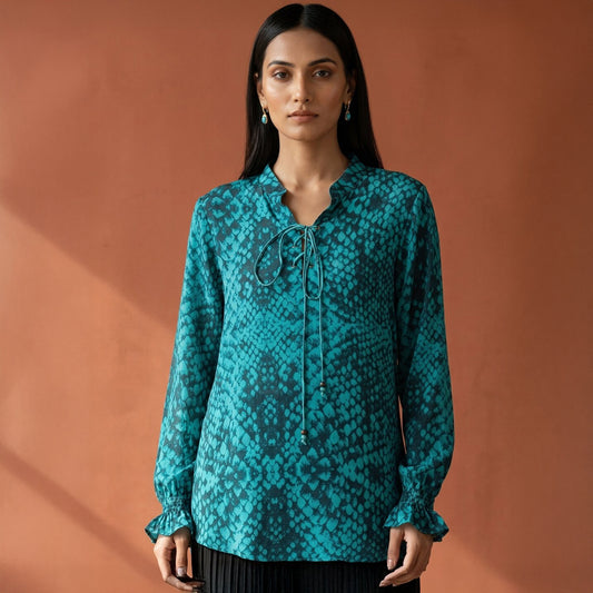 Dark Green Animal Print Top for Women – Viscose Crepe | First Resort by Ramola Bachchan