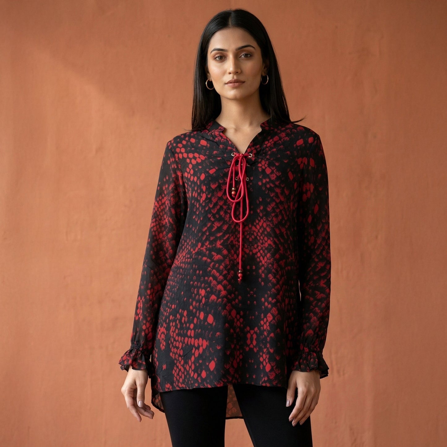 Dark Red Animal Print Top for Women – Viscose Crepe | First Resort by Ramola Bachchan