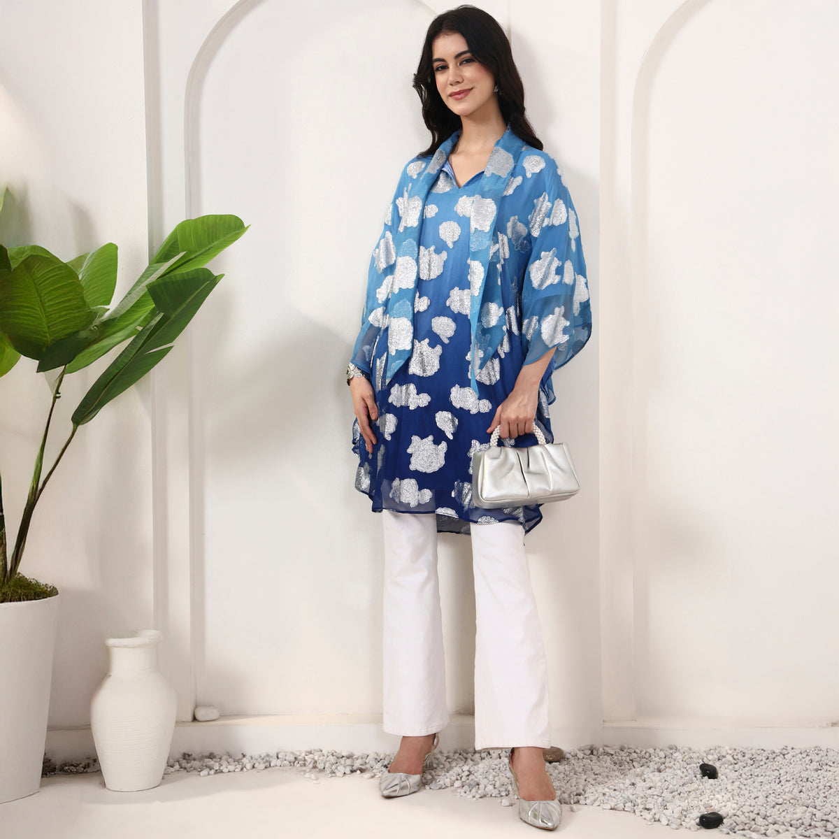 Blue Top for Women – Lurex Georgette – Front View | First Resort by Ramola Bachchan