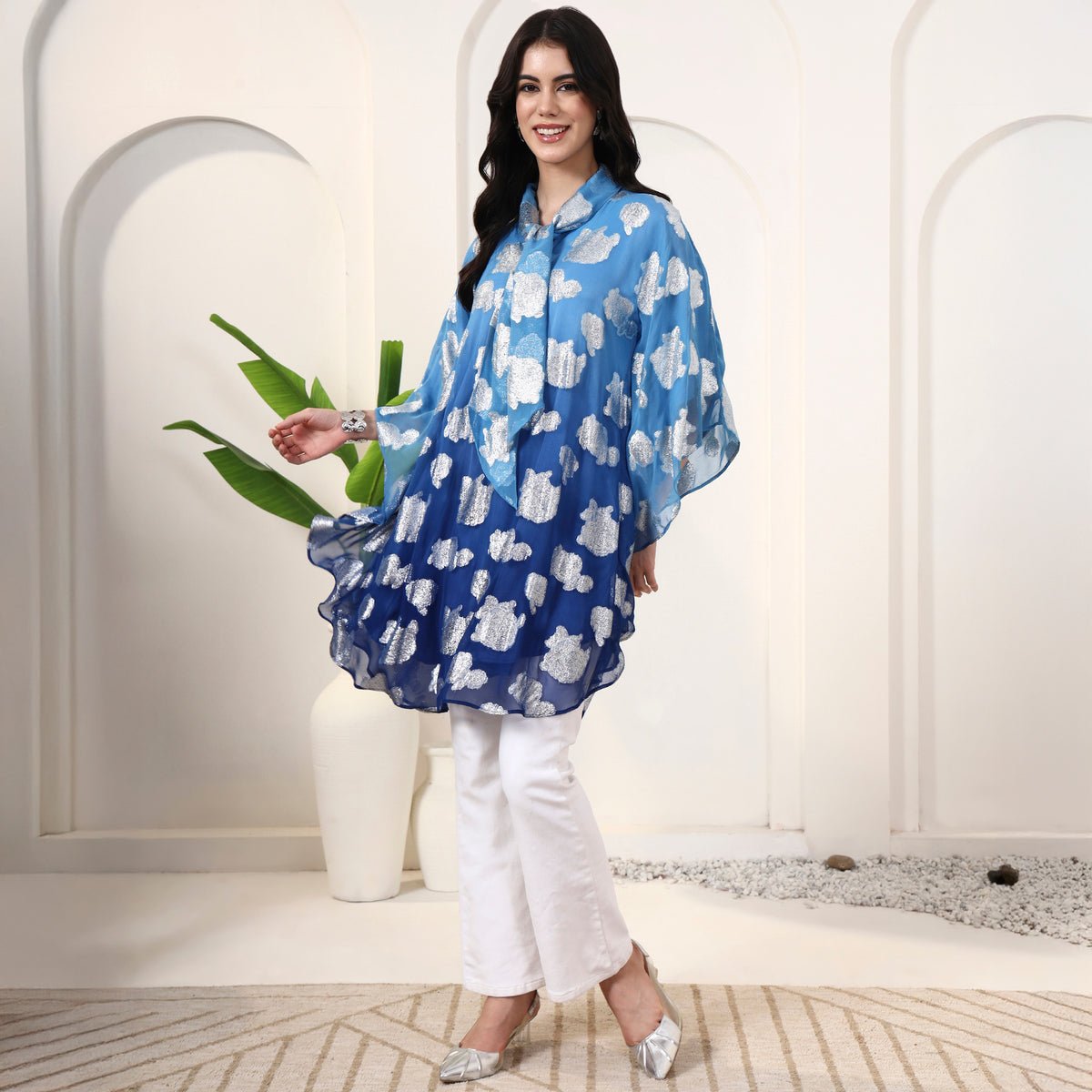 Blue Top for Women – Lurex Georgette – Model View | First Resort by Ramola Bachchan