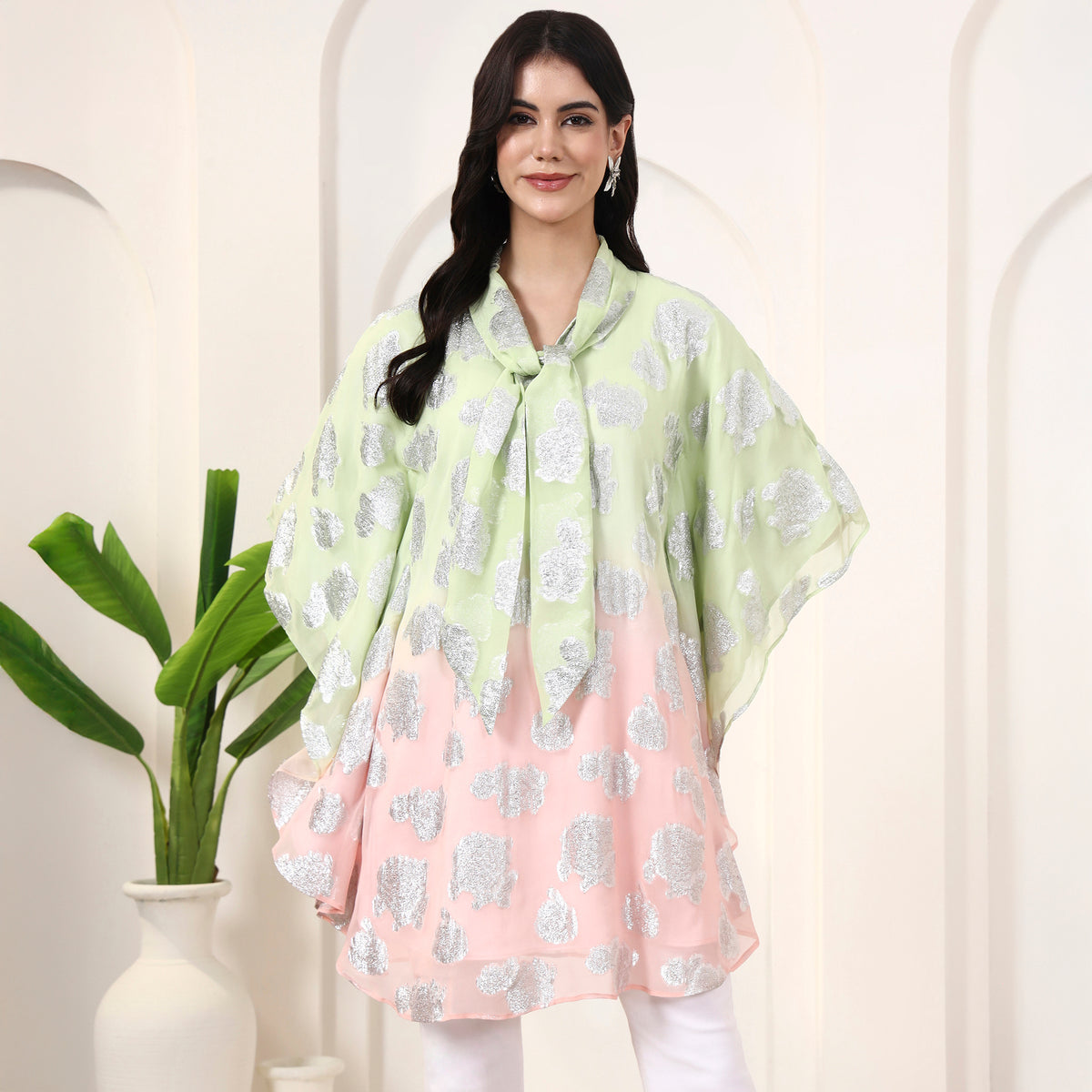 Pink and Matcha Green Top for Women – Lurex Georgette | First Resort by Ramola Bachchan