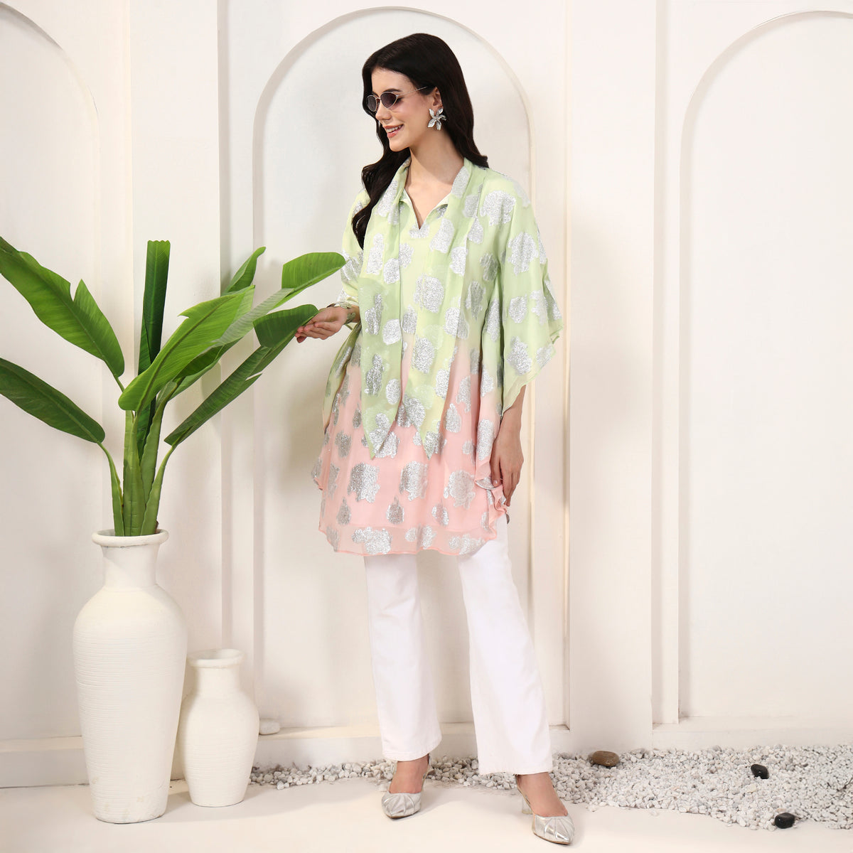 Pink and Matcha Green Top for Women – Lurex Georgette – Front View | First Resort by Ramola Bachchan