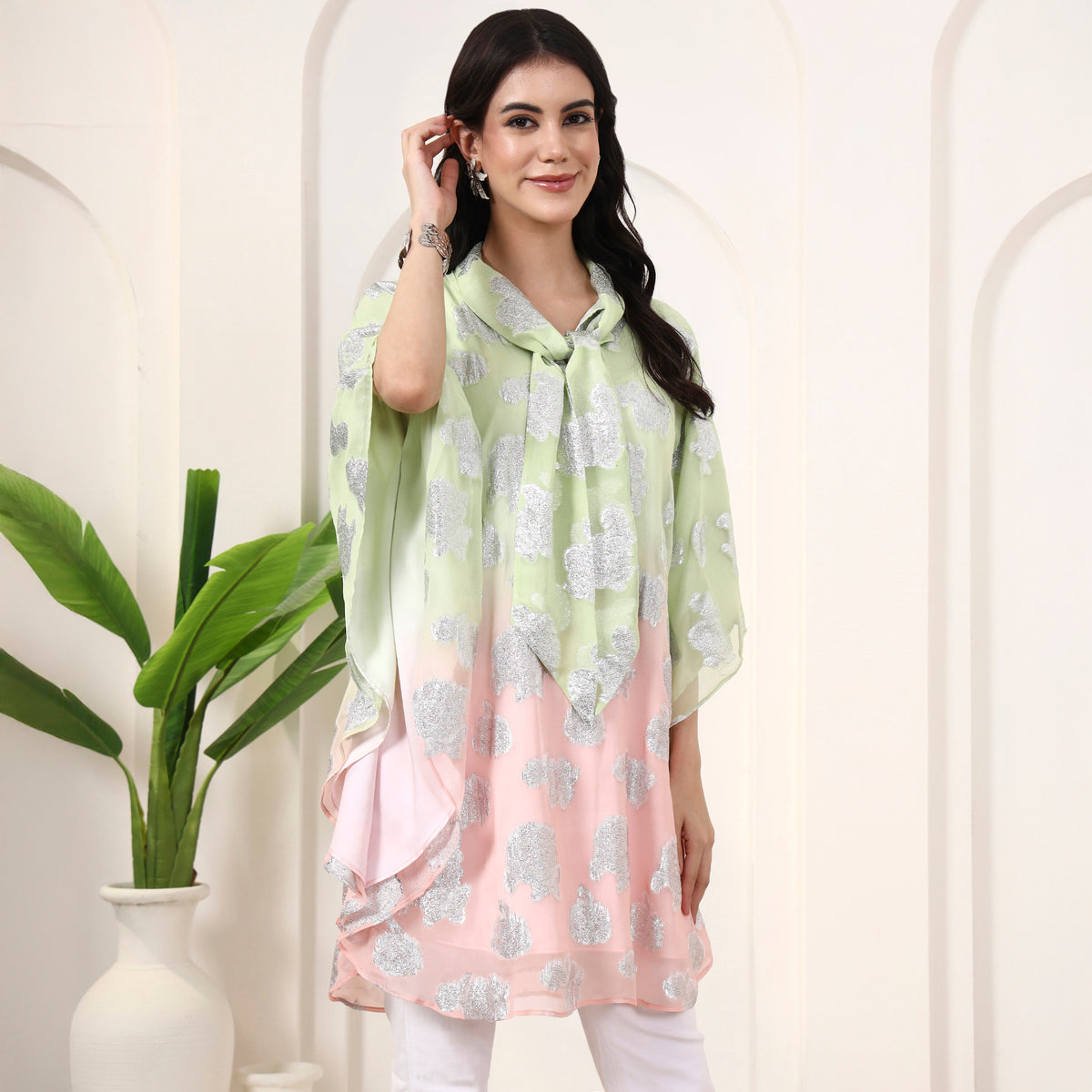 Pink and Matcha Green Top for Women – Lurex Georgette – Side View | First Resort by Ramola Bachchan