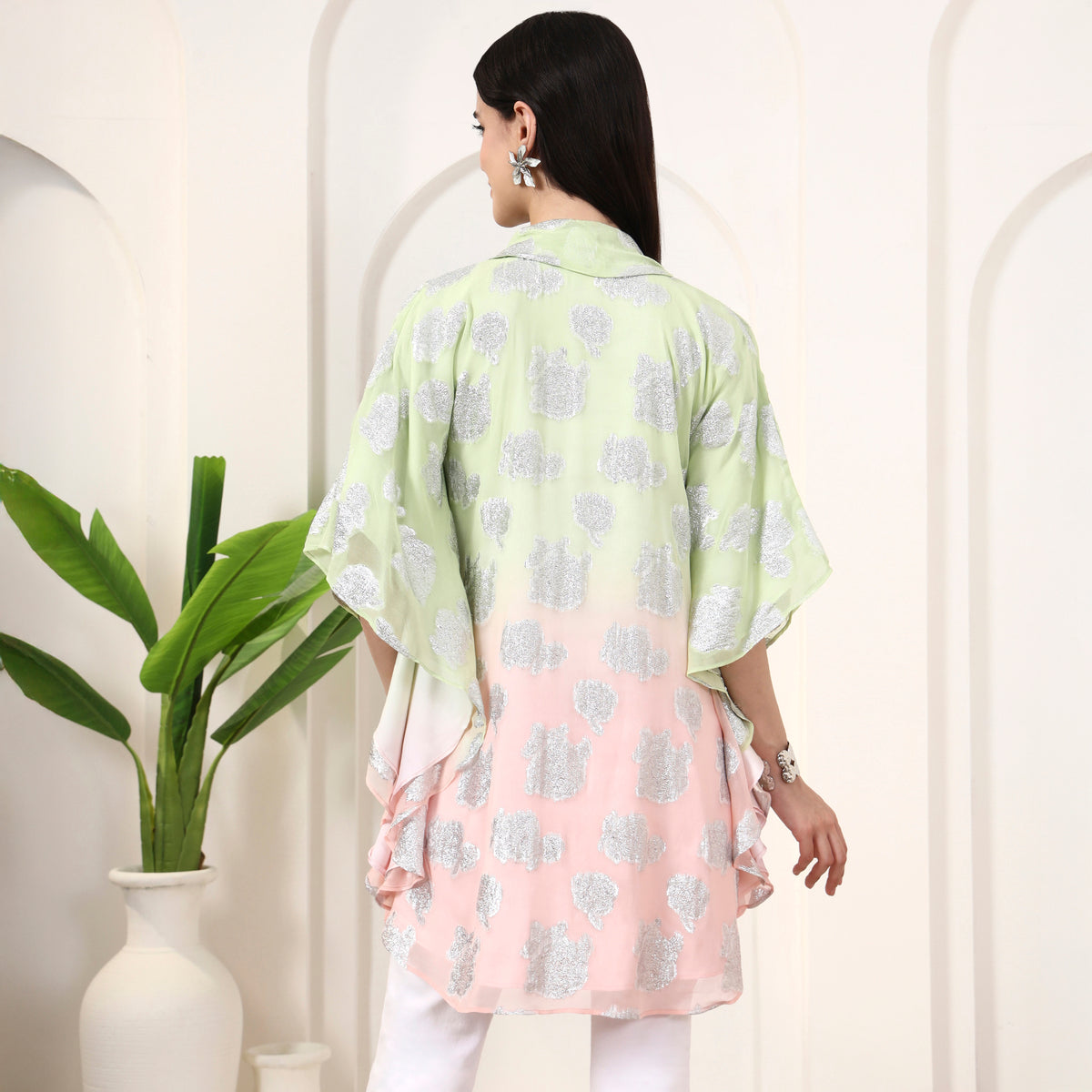 Pink and Matcha Green Top for Women – Lurex Georgette – Detail View | First Resort by Ramola Bachchan