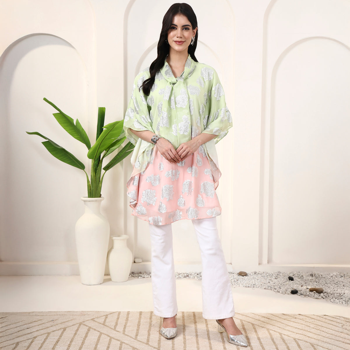 Pink and Matcha Green Top for Women – Lurex Georgette – Close Up | First Resort by Ramola Bachchan