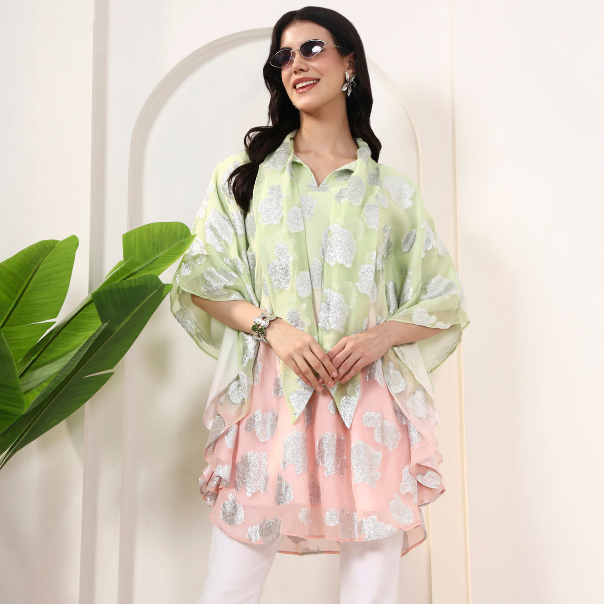 Pink and Matcha Green Top for Women – Lurex Georgette | First Resort by Ramola Bachchan