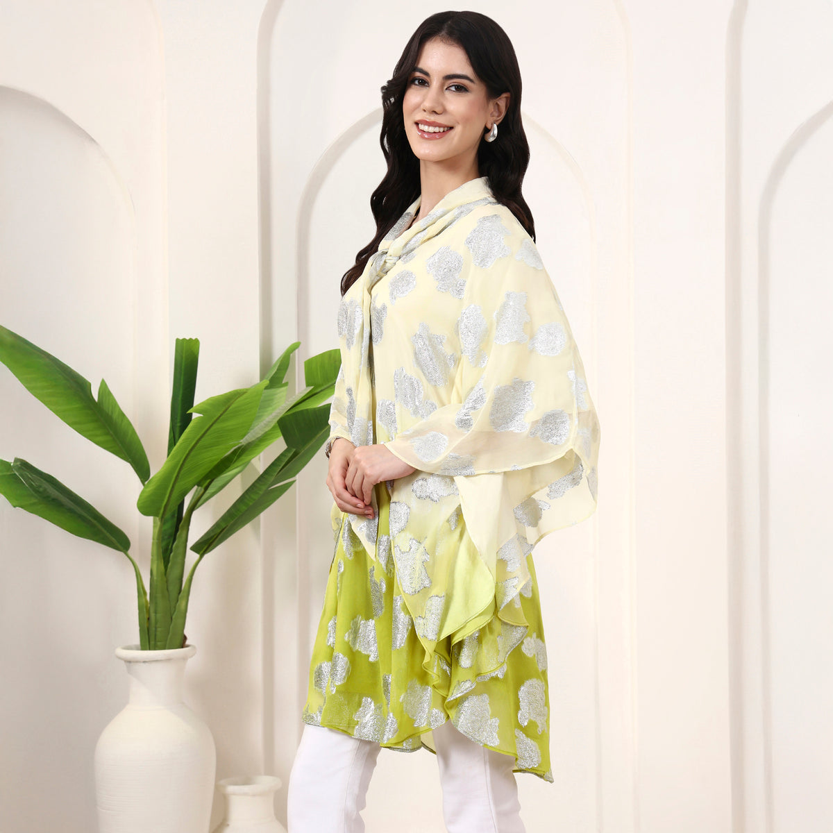 Yellow Top for Women – Lurex Georgette – Model View | First Resort by Ramola Bachchan