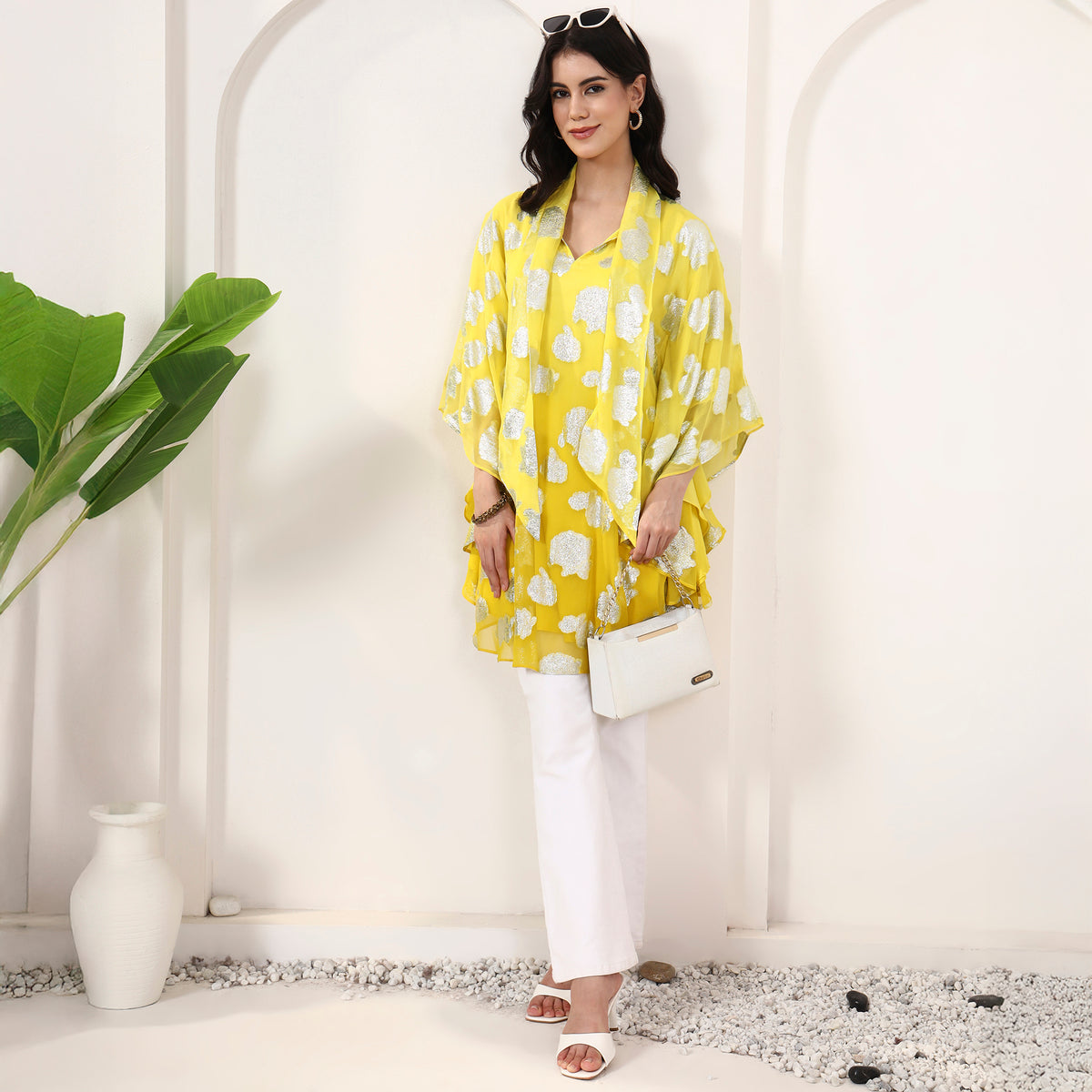 Yellow and Silver Top for Women – Lurex Georgette – Front View | First Resort by Ramola Bachchan
