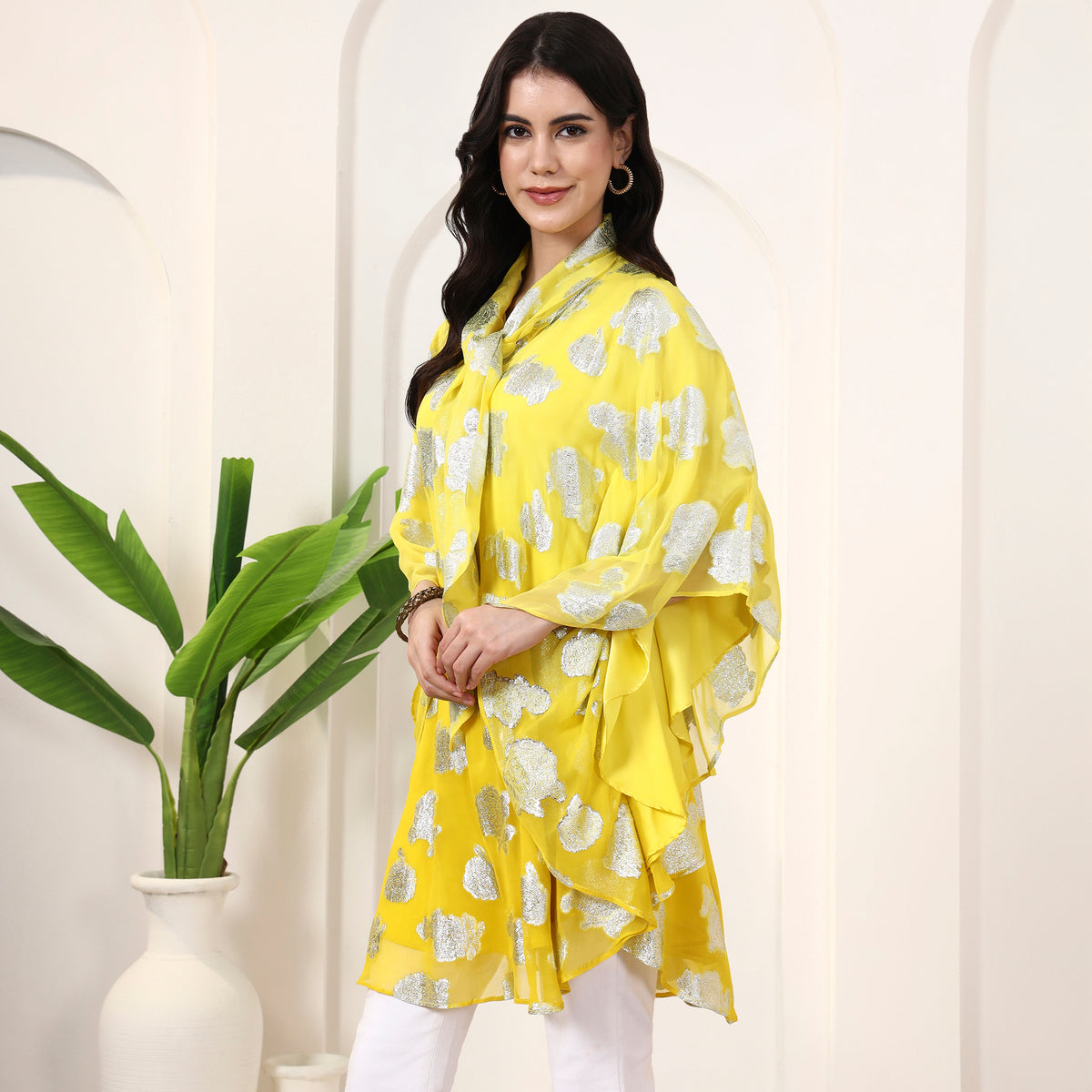 Yellow and Silver Top for Women – Lurex Georgette – Model View | First Resort by Ramola Bachchan