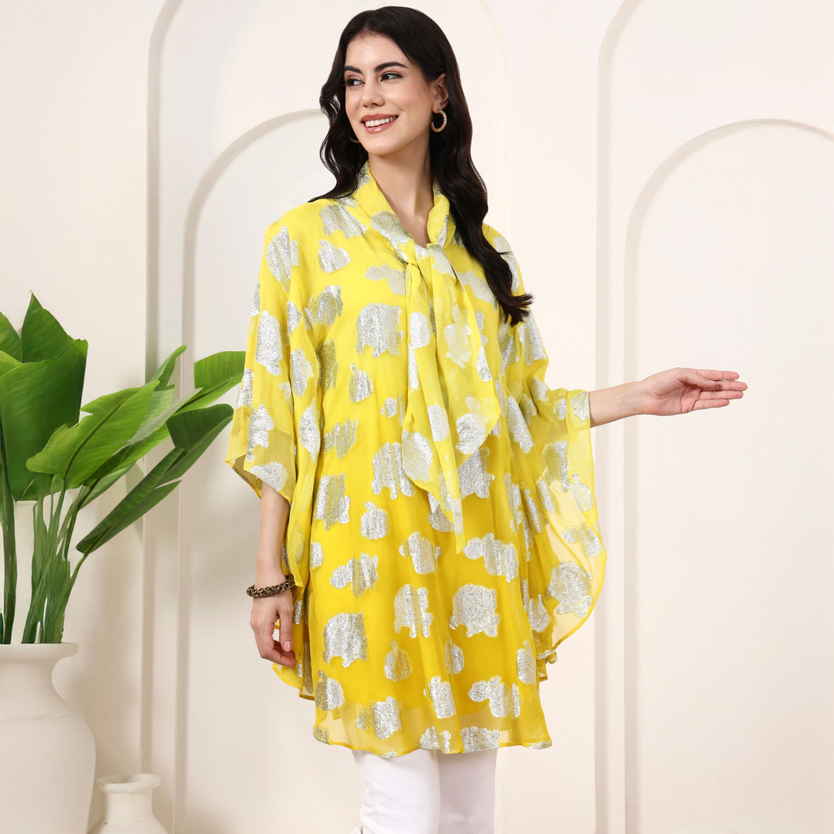 Yellow and Silver Top for Women – Lurex Georgette – Side View | First Resort by Ramola Bachchan
