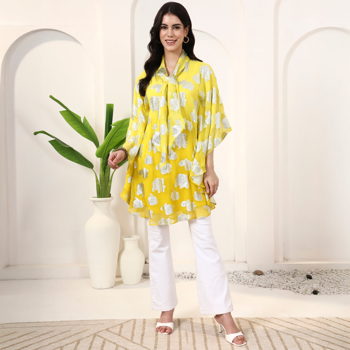 Yellow and Silver Top for Women – Lurex Georgette – Close Up | First Resort by Ramola Bachchan