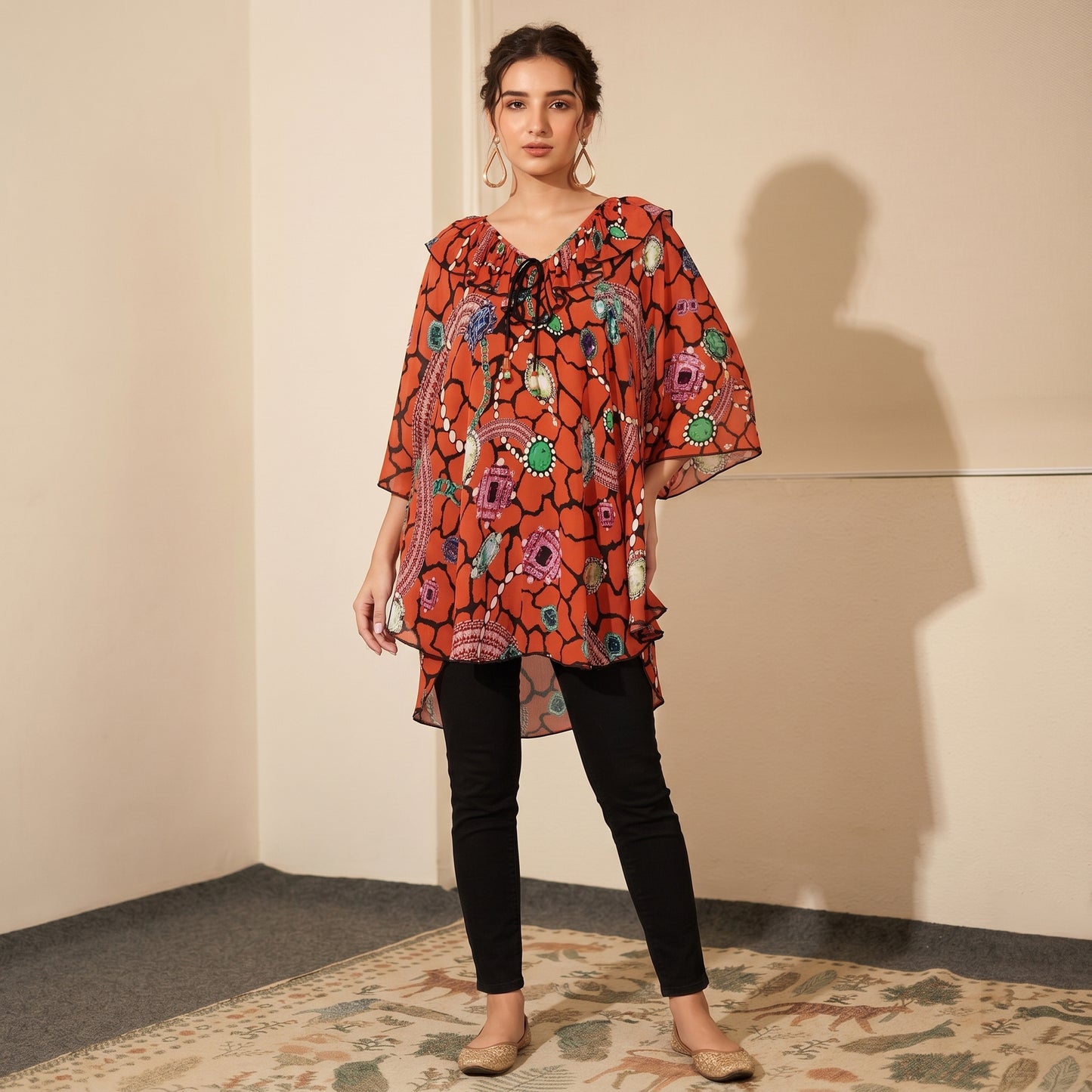Orange Jewel Print Top for Women – Viscose Crepe | First Resort by Ramola Bachchan