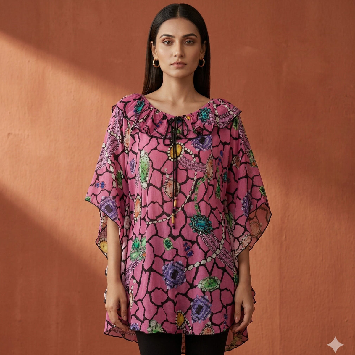 Pink Jewel Print Top for Women – Viscose Crepe | First Resort by Ramola Bachchan
