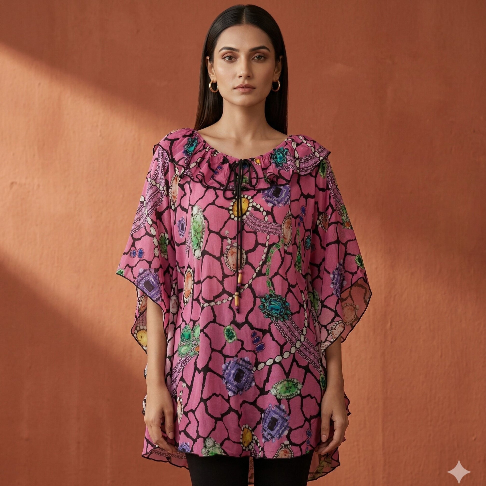 Pink Jewel Print Top for Women – Viscose Crepe | First Resort by Ramola Bachchan