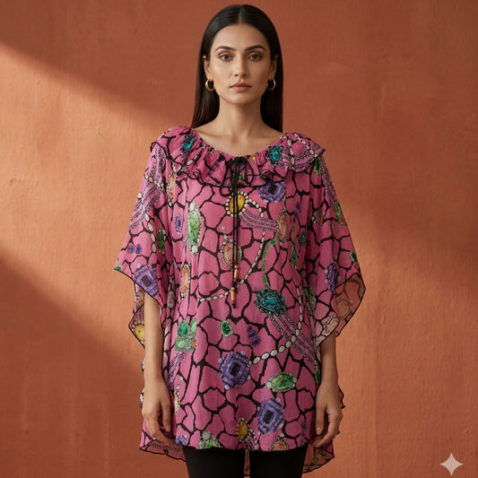 Pink Jewel Print Top for Women – Viscose Crepe | First Resort by Ramola Bachchan