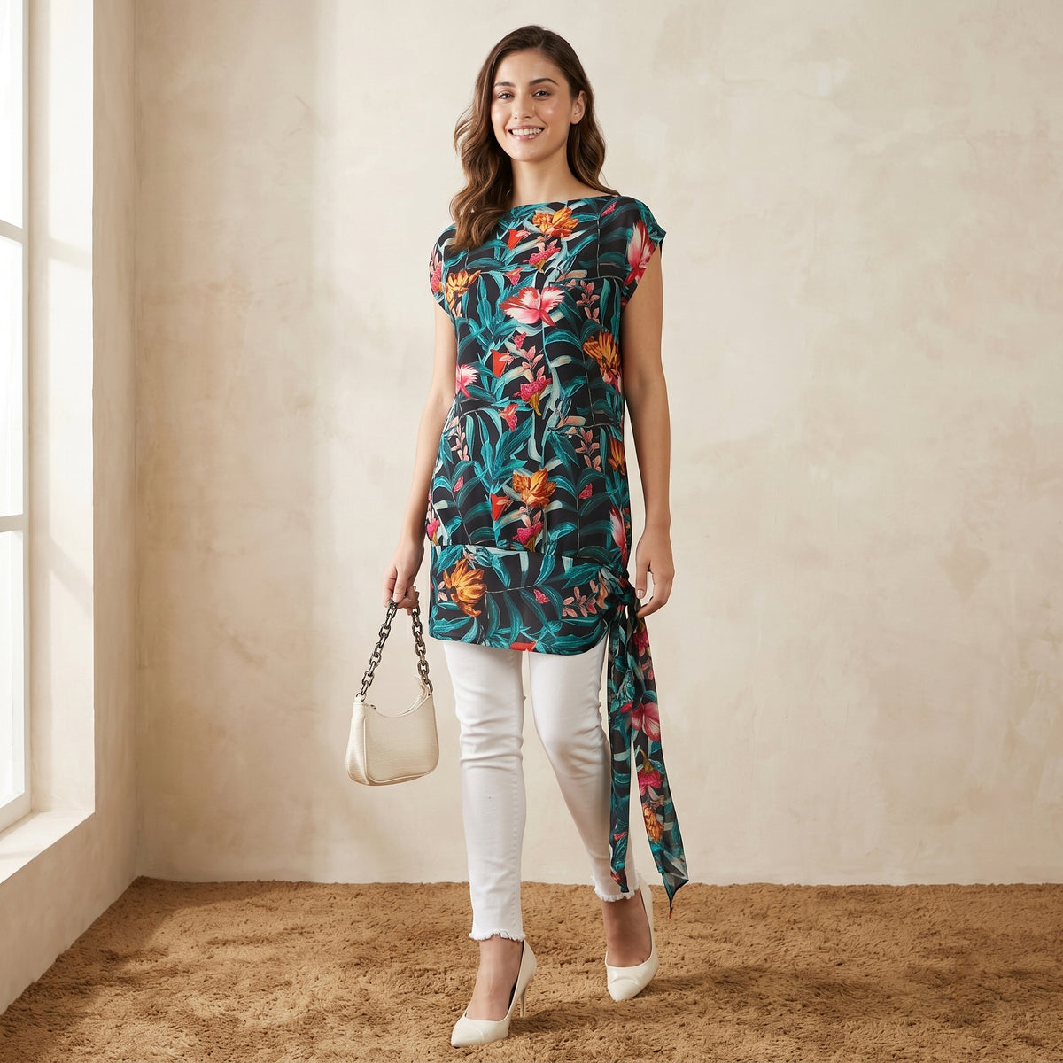 Black Tropical Print Top for Women – Viscose Crepe | First Resort by Ramola Bachchan