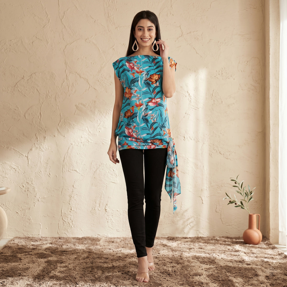 Blue Tropical Print Top for Women – Viscose Crepe | First Resort by Ramola Bachchan