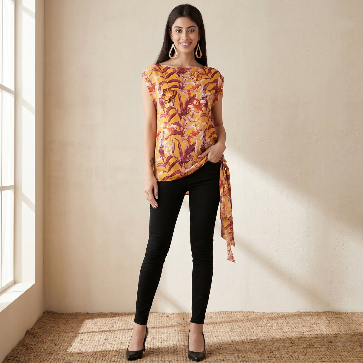 Yellow Tropical Print Top for Women – Viscose Crepe | First Resort by Ramola Bachchan
