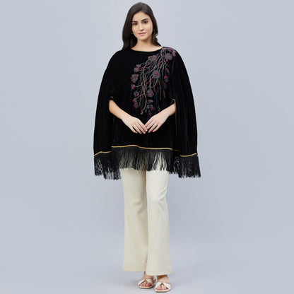 Black Floral Sequinned Velvet Poncho