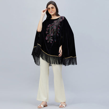 Black Floral Sequinned Velvet Poncho
