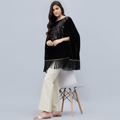 Black Floral Sequinned Velvet Poncho
