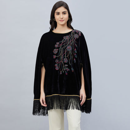 Black Floral Sequinned Velvet Poncho