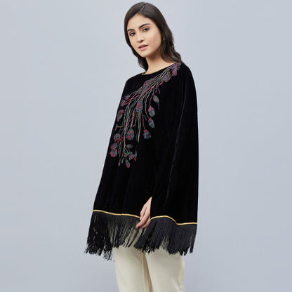 Black Floral Sequinned Velvet Poncho
