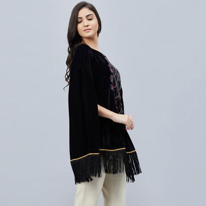 Black Floral Sequinned Velvet Poncho