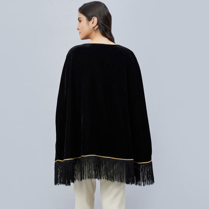 Black Floral Sequinned Velvet Poncho