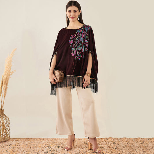 Brown Floral Sequinned Velvet Poncho