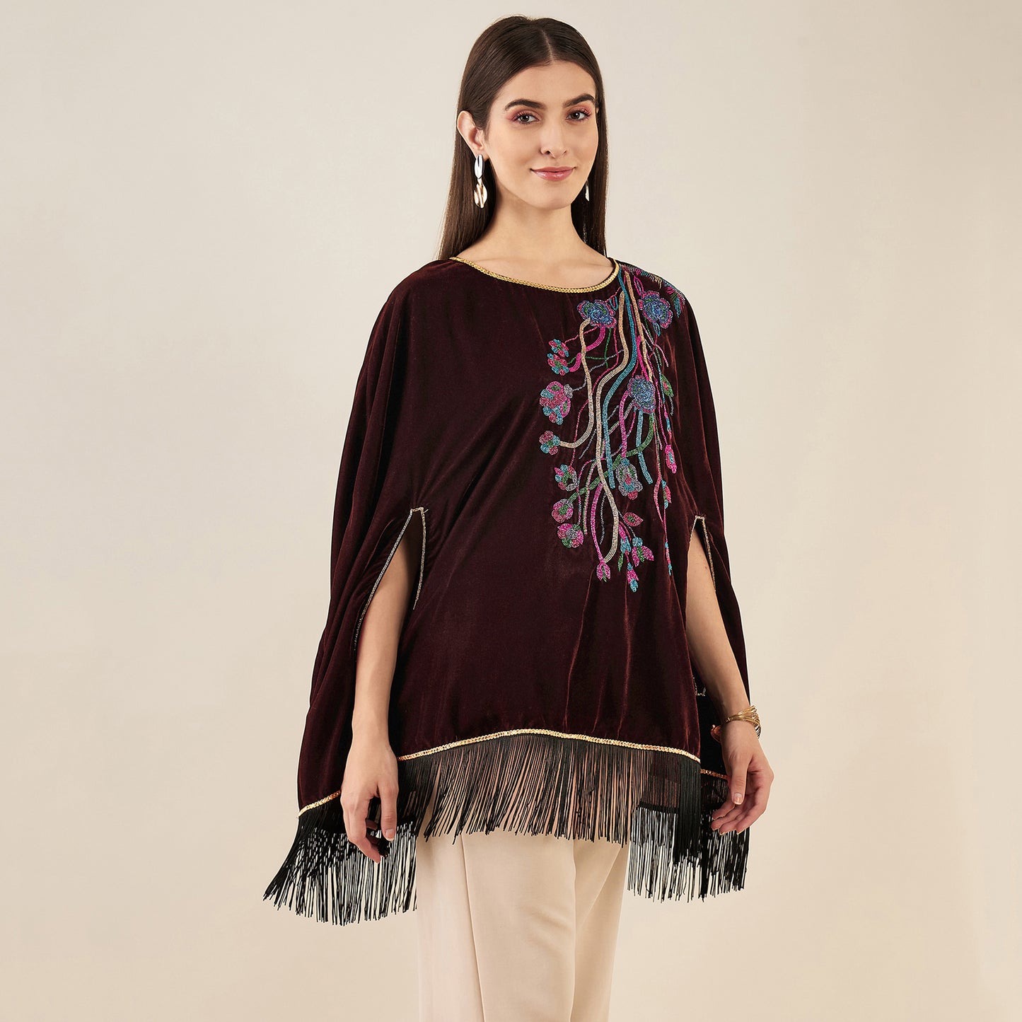Brown Floral Sequinned Velvet Poncho