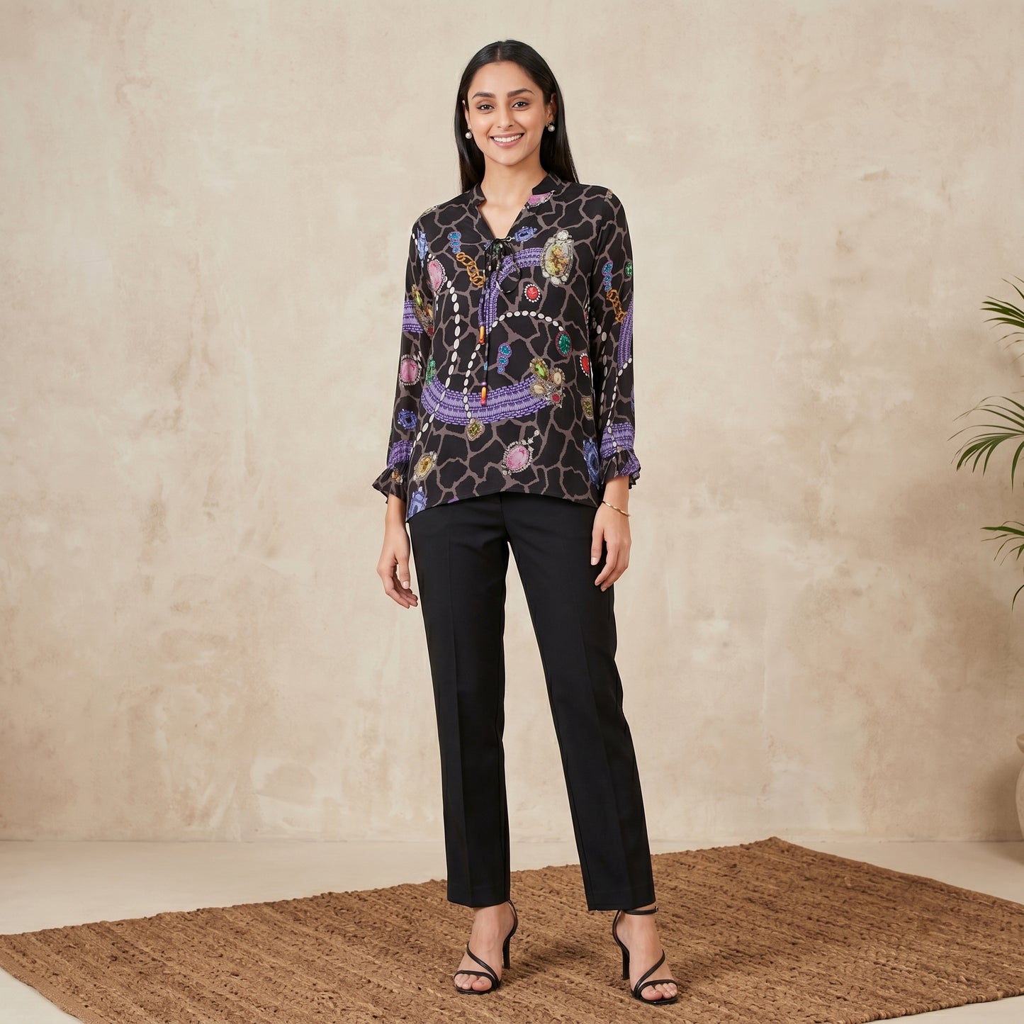 Black Jewel Print Top for Women – Viscose Crepe | First Resort by Ramola Bachchan